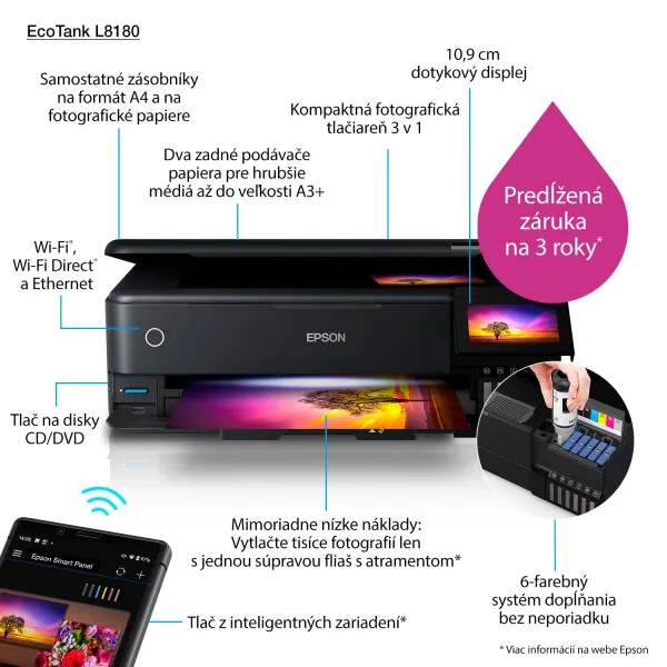 MFP "ecoTANK" farebné atramentové EPSON L8180, A3+, potlač CD/DVD, sieť, DUPLEX, Wi-Fi, iPrint