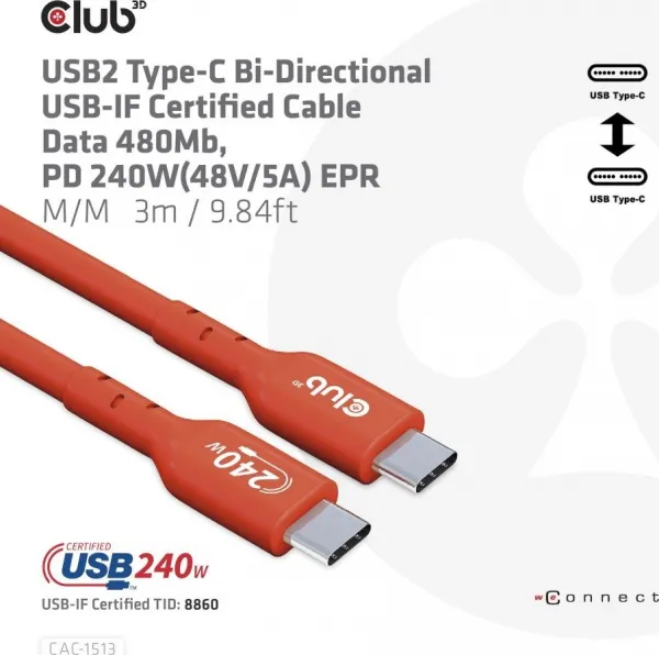 Club 3D Club3D Kabel USB2 Type-C Bi-Directional USB-IF Certifikovaný 480Mb, PD 240W(48V/5A) EPR M/M 3m
