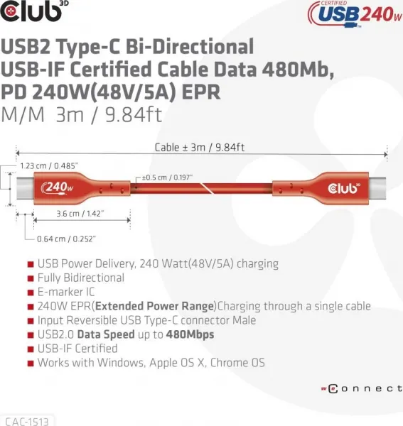 Club 3D Club3D Kabel USB2 Type-C Bi-Directional USB-IF Certifikovaný 480Mb, PD 240W(48V/5A) EPR M/M 3m