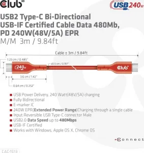 Club 3D Club3D Kabel USB2 Type-C Bi-Directional USB-IF Certifikovaný 480Mb, PD 240W(48V/5A) EPR M/M 3m