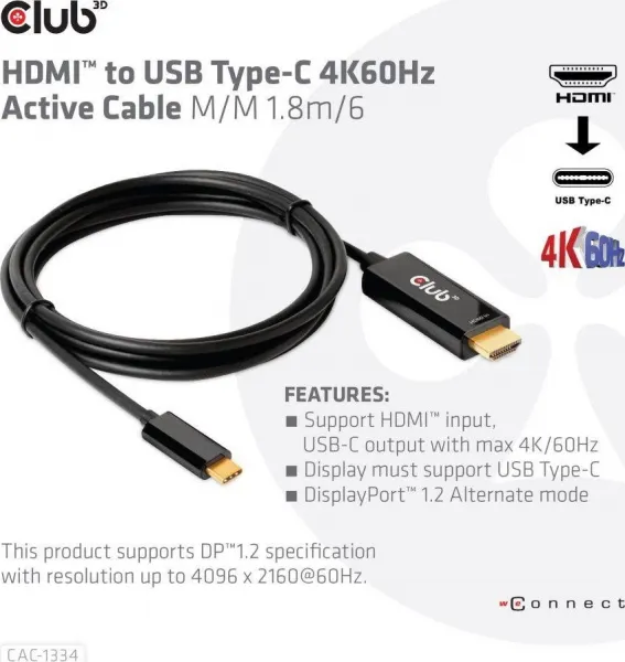 Club3D aktívny kábel HDMI na USB-C, 4K60Hz, 1.8m, M/M