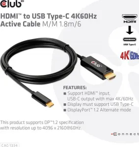 Club3D aktívny kábel HDMI na USB-C, 4K60Hz, 1.8m, M/M