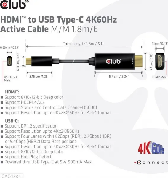 Club3D aktívny kábel HDMI na USB-C, 4K60Hz, 1.8m, M/M