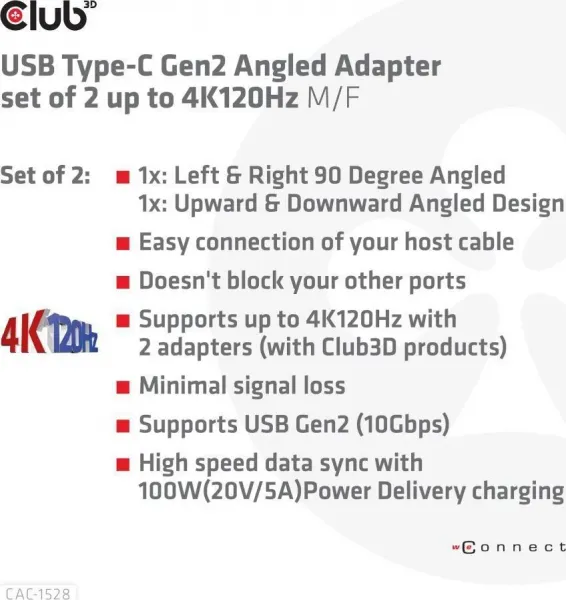 Club3D USB-C Gen2 uhlový adaptér sada 2, 4K120Hz (M/F)