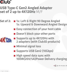 Club3D USB-C Gen2 uhlový adaptér sada 2, 4K120Hz (M/F)
