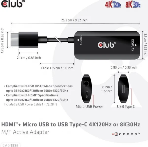Club 3D Club3D Adaptér HDMI + Micro USB na USB-C 4K120Hz/8K30Hz, Active Adapter M/F