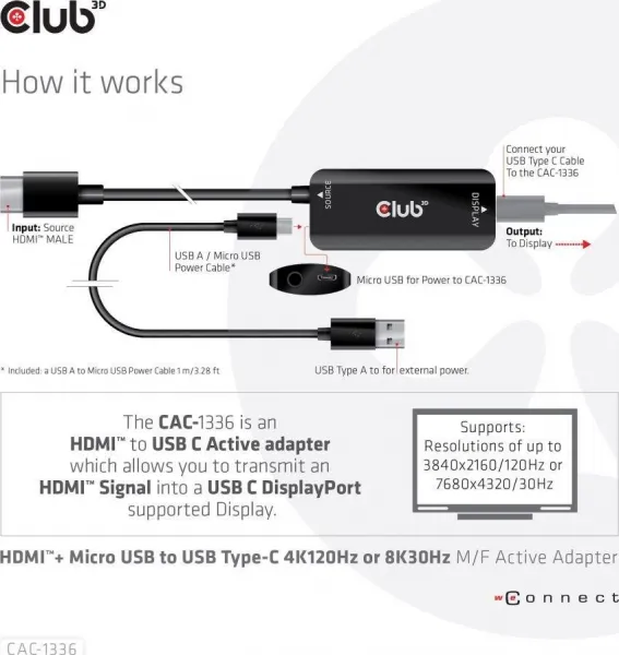 Club 3D Club3D Adaptér HDMI + Micro USB na USB-C 4K120Hz/8K30Hz, Active Adapter M/F