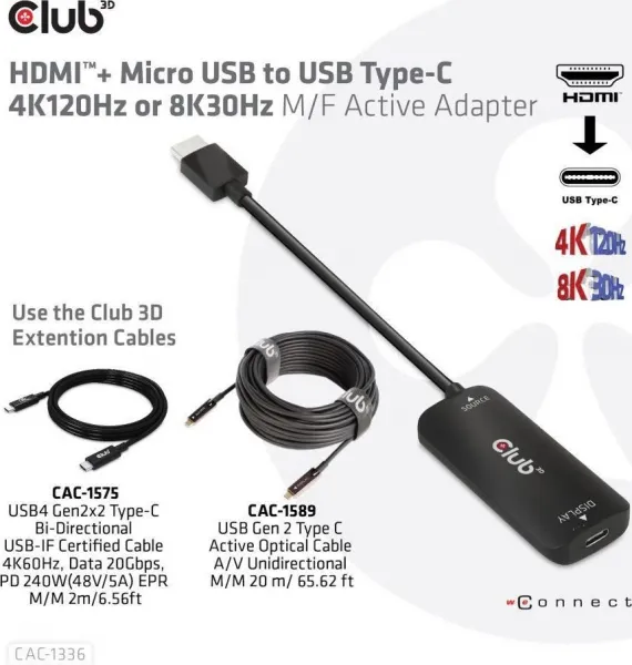 Club 3D Club3D Adaptér HDMI + Micro USB na USB-C 4K120Hz/8K30Hz, Active Adapter M/F