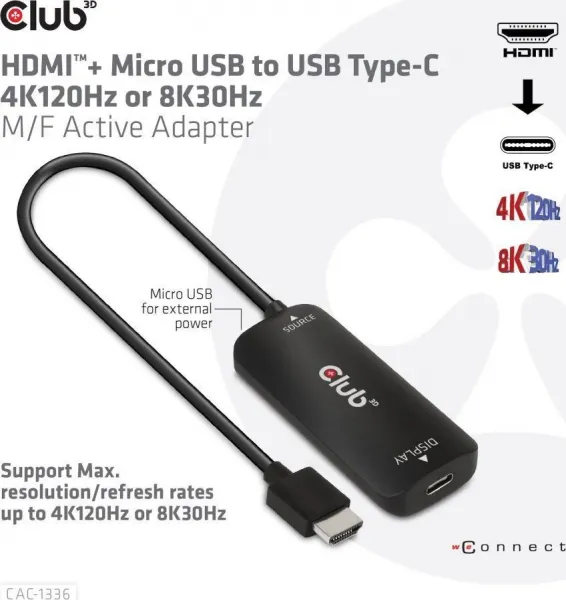 Club 3D Club3D Adaptér HDMI + Micro USB na USB-C 4K120Hz/8K30Hz, Active Adapter M/F