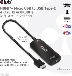 Club 3D Club3D Adaptér HDMI + Micro USB na USB-C 4K120Hz/8K30Hz, Active Adapter M/F