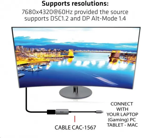 Club 3D Club3D Aktívny adaptér USB-C na DisplayPort 1.4, 8K60Hz DSC1.2 HDR HBR3