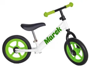 myRunbike Moje odrážadlo s menom - biele so zelenými kolesami