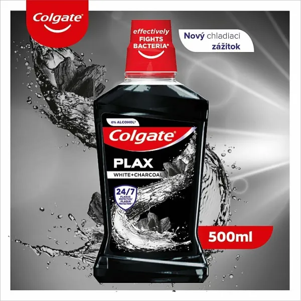 Colgate Plax Charcoal ústna voda proti zubnému povlaku a pre zdravé ďasná bez alkoholu 500 ml