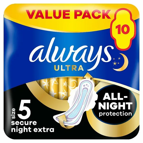 Always Ultra Hygienické Vložky Secure Night Extra (veľkosť 5) S Krídelkami 10Ks