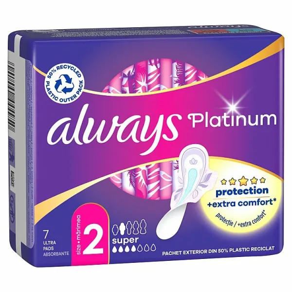 Always Platinum Super Menštruačné Vložky s Krídelkami, 7 ks