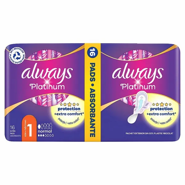 Always Platinum Normal Menštruačné Vložky s Krídelkami, 16 ks