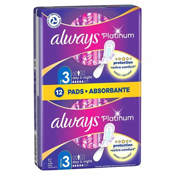 Always Platinum Day and Night Menštruačné Vložky s Krídelkami, 12 ks