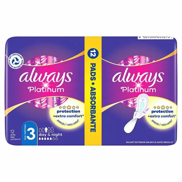 Always Platinum Day and Night Menštruačné Vložky s Krídelkami, 12 ks