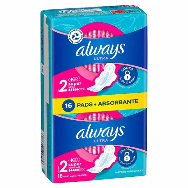 Always Ultra Deň Hygienické Vložky Long (Veľkosť 2) Krídelká 16 ks