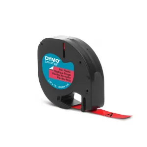 Dymo originál páska do tlačiarne štítkov, Dymo, 91203, S0721630, čierny tlač/červený podklad, 4m, 12mm, LetraTag plastová páska S0721630