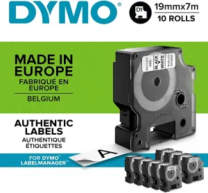 Dymo originál páska do tlačiarne štítkov, Dymo, 2093098, čierny tlač/biely podklad, 7m, 19mm, 10ks v balení, cena za balenie, D1 2093098