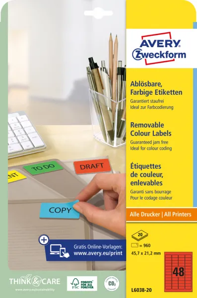 Avery Zweckform Etikety Avery odnímateľné 45,7x21,2 mm červené