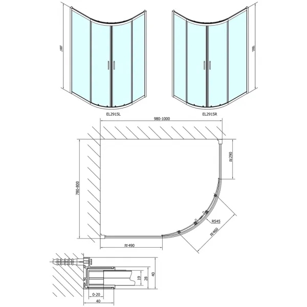 EASY LINE štvrťkruhová sprchová zástena 1000x800mm, číre sklo EL2915