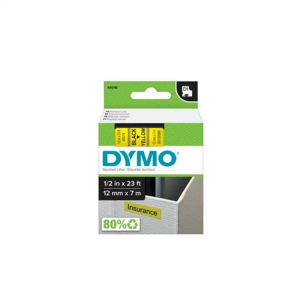 Dymo originál páska do tlačiarne štítkov, Dymo, 45018, S0720580, čierny tlač/žltý podklad, 7m, 12mm, D1 45018