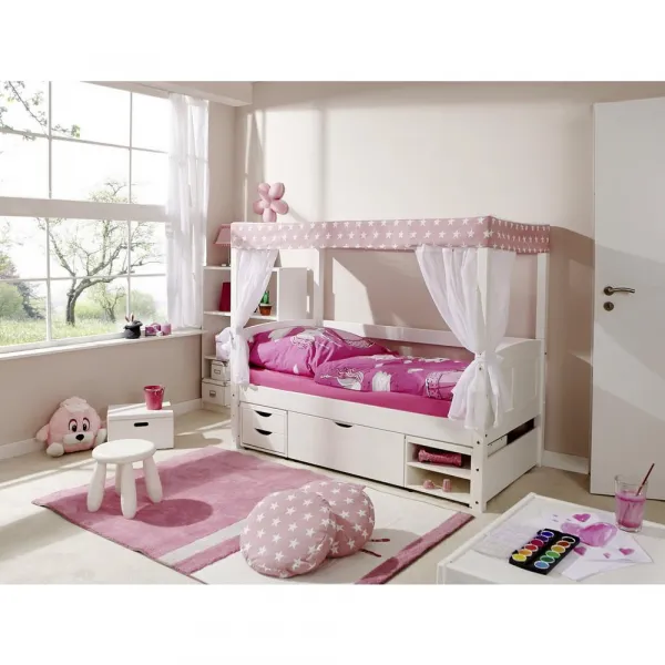 Detská posteľ s nebesami LINO MINI záves ružovo-biely