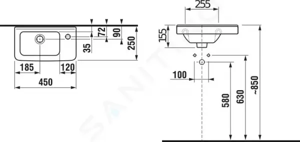 Jika Cubito - Umývadielko s prepadom 450 mmx250 mm, otvor na batériu vpravo, biela H8114240001061