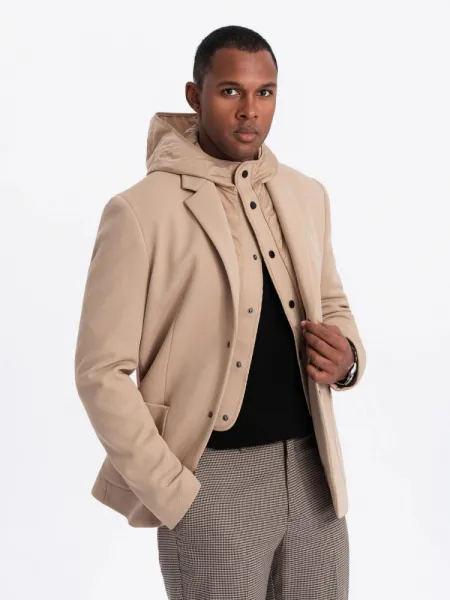Trendy športové sako pre pánov s kapucňou svetlo hnedé
