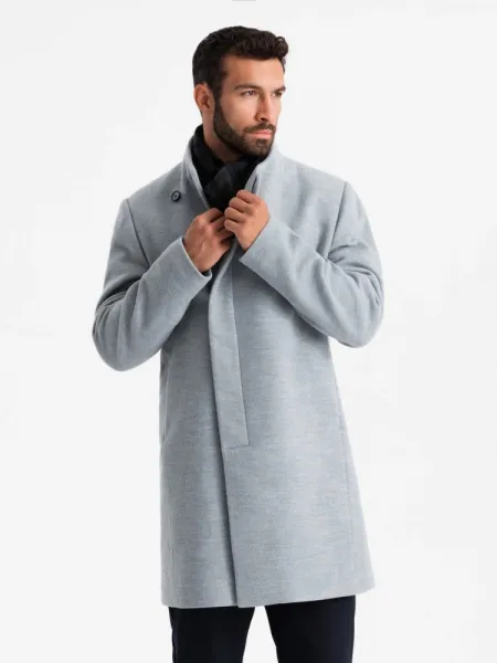 Elegantný kabát pre pánov s asymetrickým zapínaním šedý