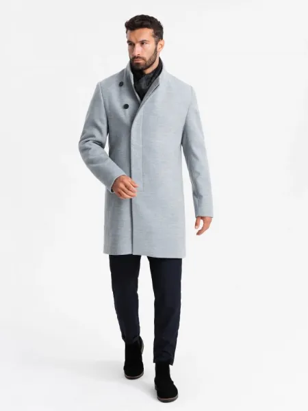 Elegantný kabát pre pánov s asymetrickým zapínaním šedý