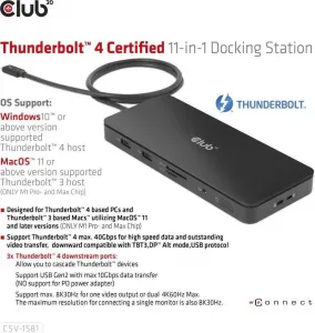 Club 3D Club3D Dokovací stanice Thunderbolt 4 certifikovaný 11v1, 3xUSB-C, 3xUSB-A, PD