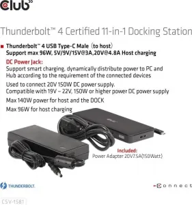 Club 3D Club3D Dokovací stanice Thunderbolt 4 certifikovaný 11v1, 3xUSB-C, 3xUSB-A, PD