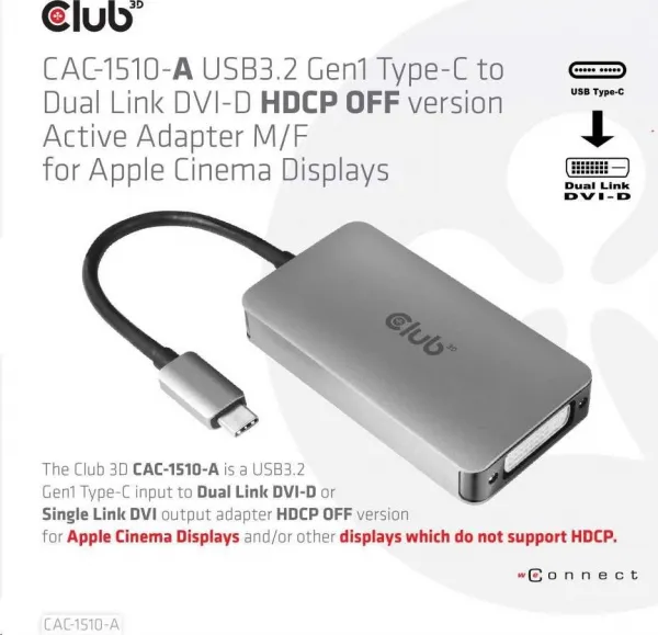 Club 3D Aktívny USB adaptér Club3D 3.2 Dvojlinkové prepojenie DVI-D typu C 4K30Hz pre Apple Cinema Display, HDCP vypnuté