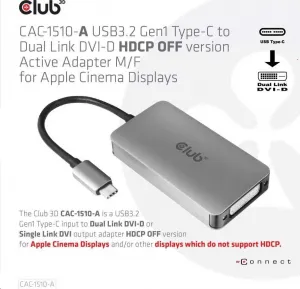 Club 3D Aktívny USB adaptér Club3D 3.2 Dvojlinkové prepojenie DVI-D typu C 4K30Hz pre Apple Cinema Display, HDCP vypnuté