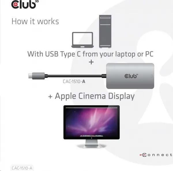 Club 3D Aktívny USB adaptér Club3D 3.2 Dvojlinkové prepojenie DVI-D typu C 4K30Hz pre Apple Cinema Display, HDCP vypnuté
