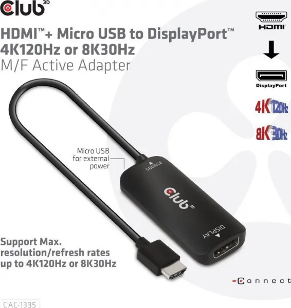 Club 3D Club3D Adaptér HDMI + Micro USB na DisplayPort 4K120Hz/8K30Hz, Active Adapter M/F