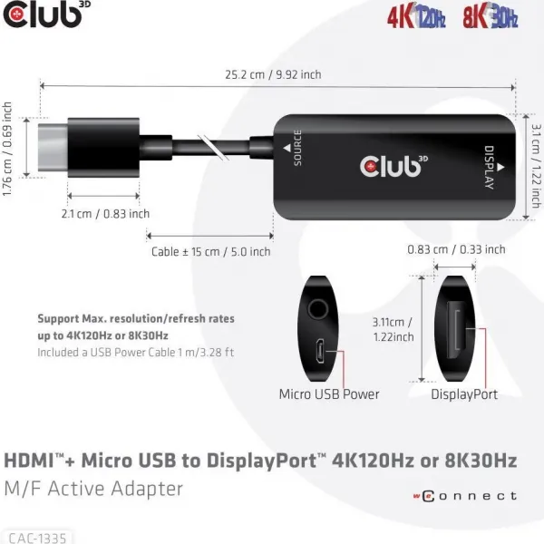 Club 3D Club3D Adaptér HDMI + Micro USB na DisplayPort 4K120Hz/8K30Hz, Active Adapter M/F