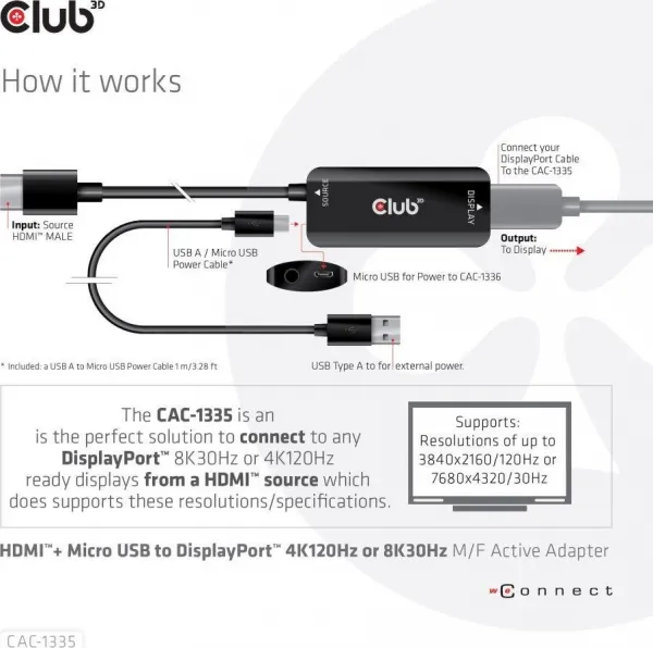 Club 3D Club3D Adaptér HDMI + Micro USB na DisplayPort 4K120Hz/8K30Hz, Active Adapter M/F