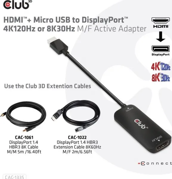 Club 3D Club3D Adaptér HDMI + Micro USB na DisplayPort 4K120Hz/8K30Hz, Active Adapter M/F