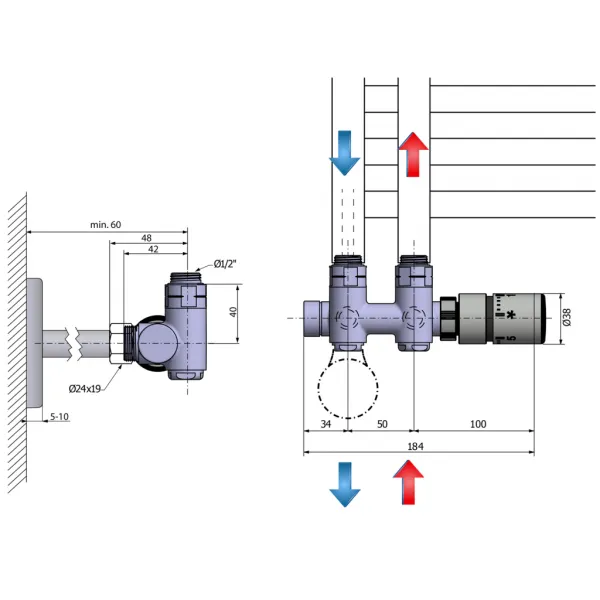 SAPHO - TWIN COMBI pripojovacia sada ventilov termostatická pre stred. pripojenie, pravá, nerez mat CP5510S