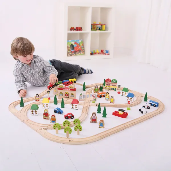 Bigjigs Rail Drevená vláčikodráha mesto a dedina 101 dielov