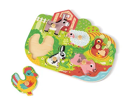 Drevené puzzle na vkladanie s úchytkou Zvieratá na farme