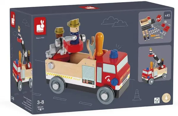 BricoKids - Drevené auto a stavebnica - Hasiči - 45 ks