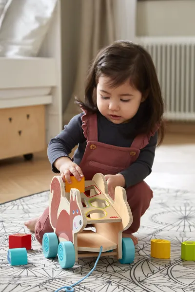 Ťahacia hračka s vkladacími tvarmi - veverička