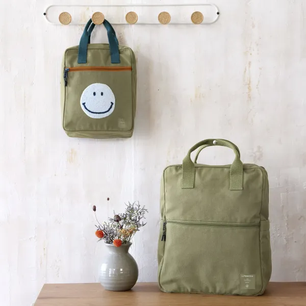 Detský hranatý batôžtek - Green Label Little One & Me Square Backpack Small Gots olive