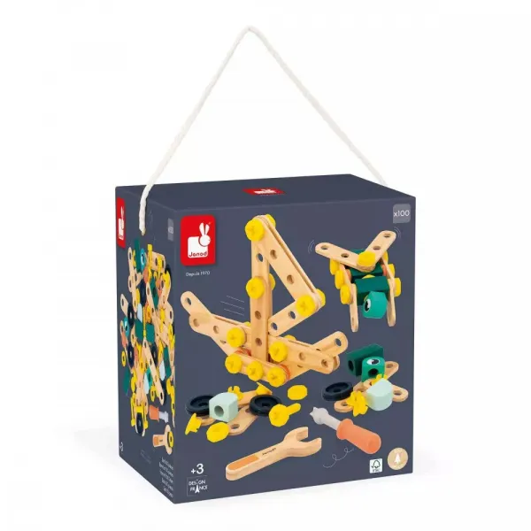 BricoKids - Drevená montážna stavebnica s náradím - 100 ks