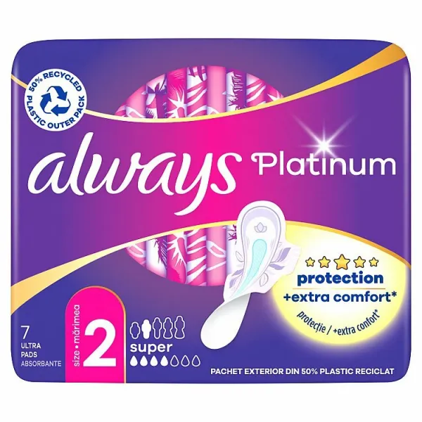 Always Platinum Super Menštruačné Vložky s Krídelkami, 7 ks